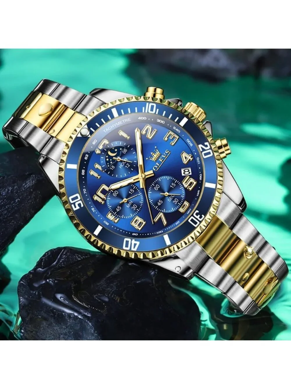 Mens Silver And Blue Stainless Chronograph Analog Quartz Waterproof Luxury Watch